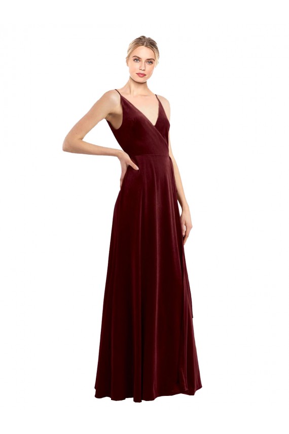 Sleeveless Burgundy V-Neck V-Back Stretch Velvet A-Line Bridesmaid Dress / Evening Dress Brisbane