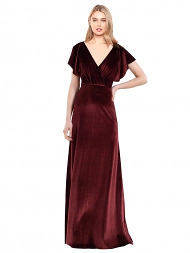Flutter Sleeves V-Neck Open Back Stretch Velvet A-Line Prom Dress / Bridesmaid Dress Brisbane