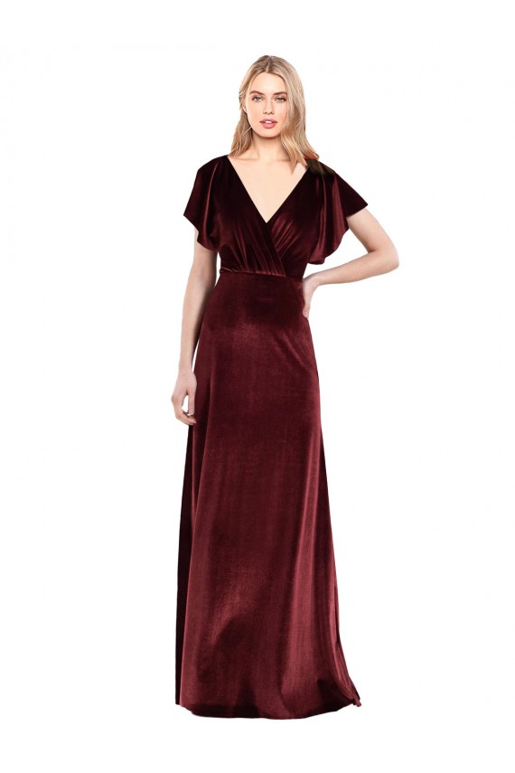 Flutter Sleeves V-Neck Open Back Stretch Velvet A-Line Prom Dress / Bridesmaid Dress Brisbane