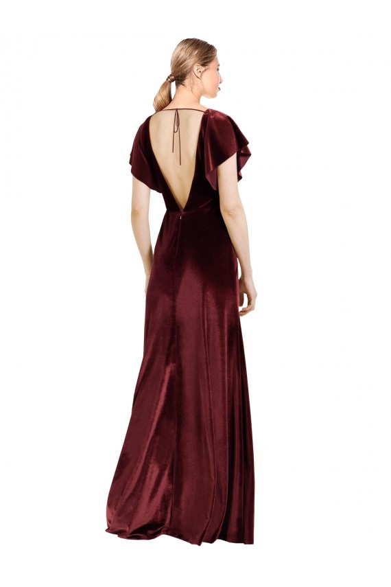 Flutter Sleeves V-Neck Open Back Stretch Velvet A-Line Prom Dress / Bridesmaid Dress Brisbane