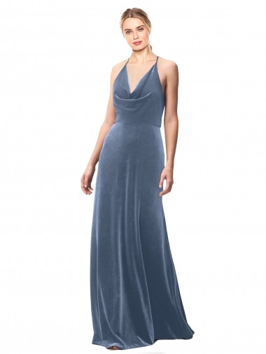 Sleeveless Dusty Blue Spaghetti Straps Keyhole Back Stretch Velvet A-Line Prom Dress / Bridesmaid Dress Brisbane