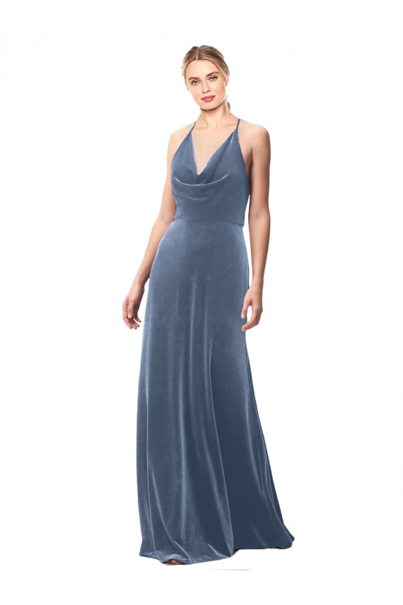Sleeveless Dusty Blue Spaghetti Straps Keyhole Back Stretch Velvet A-Line Prom Dress / Bridesmaid Dress Brisbane