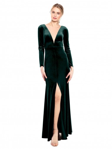 Long Sleeves V-Neck Open Back Stretch Velvet A-Line Black Tie Prom Dress / Bridesmaid Dress Brisbane