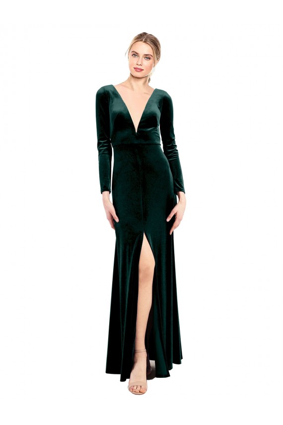 Long Sleeves V-Neck Open Back Stretch Velvet A-Line Black Tie Prom Dress / Bridesmaid Dress Brisbane