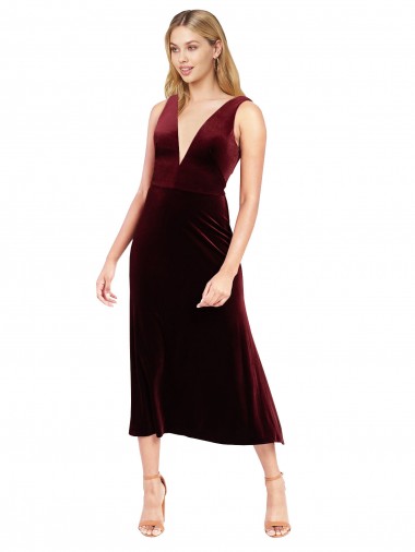 Sleeveless Burgundy V-Neck V-Back Stretch Velvet A-Line Prom Dress / Bridesmaid Dress Brisbane