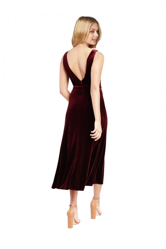 Sleeveless Burgundy V-Neck V-Back Stretch Velvet A-Line Prom Dress / Bridesmaid Dress Brisbane