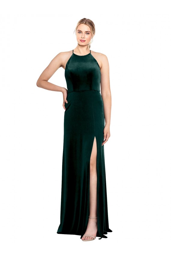 Sleeveless Dark Green Spaghetti Straps Keyhole Back Stretch Velvet A-Line Prom Dress / Bridesmaid Dress Brisbane