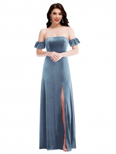 Ruffle Sleeves Off the Shoulder Low Back Stretch Velvet A-Line Formal Dress / Bridesmaid Dress Brisbane