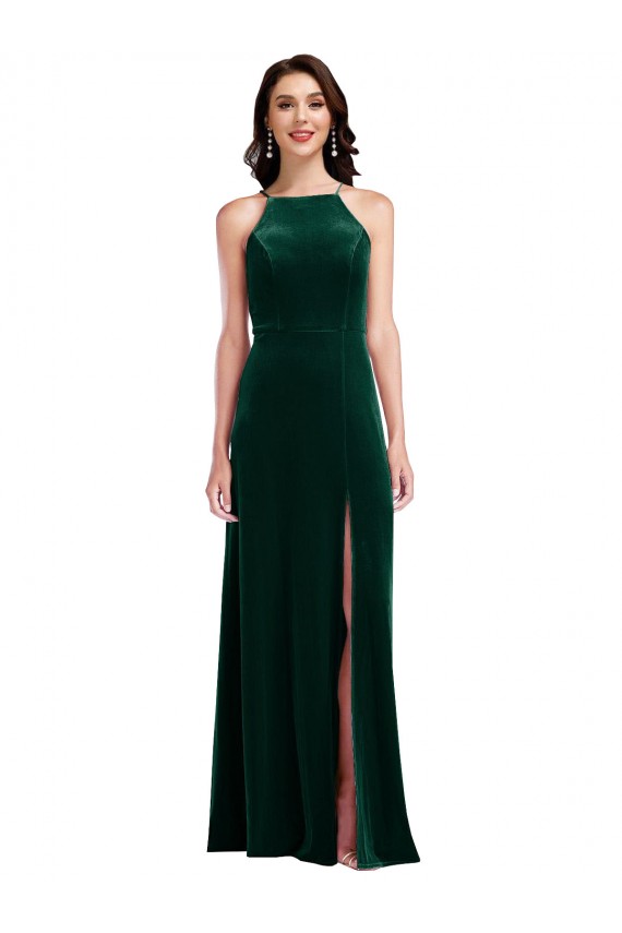 Sleeveless Halter Neck Stretch Velvet A-Line Semi Formal Evening Dress / Prom Dress / Bridesmaid Dress Brisbane