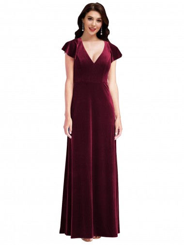 Flutter Sleeves V-Neck Stretch Velvet A-Line Semi Formal Evening Dress / Prom Dress / Bridesmaid Dress Brisbane