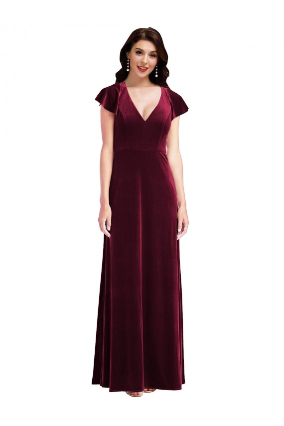 Flutter Sleeves V-Neck Stretch Velvet A-Line Semi Formal Evening Dress / Prom Dress / Bridesmaid Dress Brisbane