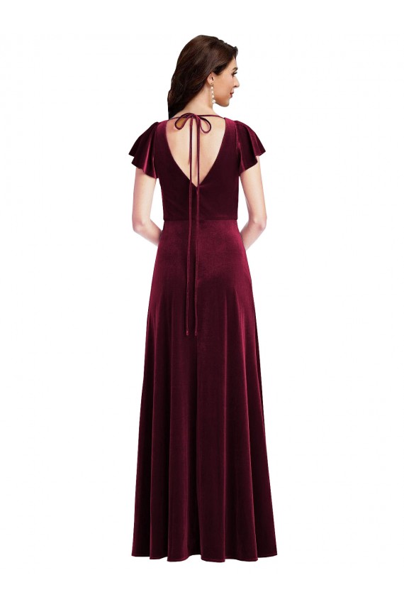 Flutter Sleeves V-Neck Stretch Velvet A-Line Semi Formal Evening Dress / Prom Dress / Bridesmaid Dress Brisbane