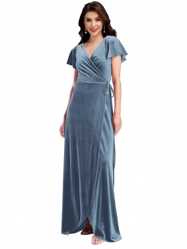 Flutter Sleeves V-Neck Stretch Velvet A-Line Black Tie Evening Gown / Prom Dress / Bridesmaid Dress Brisbane