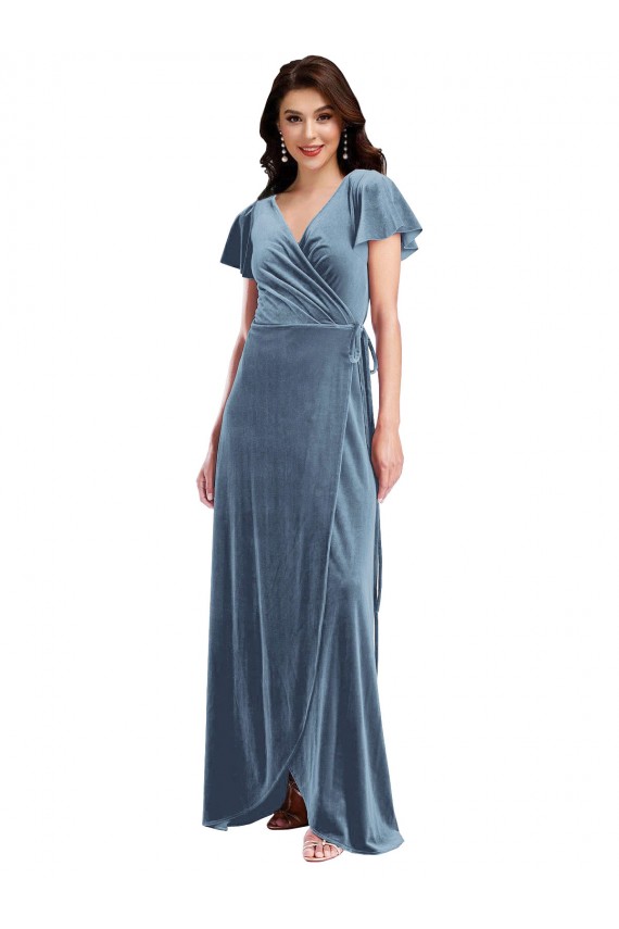 Flutter Sleeves V-Neck Stretch Velvet A-Line Black Tie Evening Gown / Prom Dress / Bridesmaid Dress Brisbane