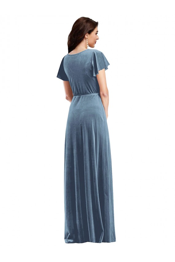Flutter Sleeves V-Neck Stretch Velvet A-Line Black Tie Evening Gown / Prom Dress / Bridesmaid Dress Brisbane