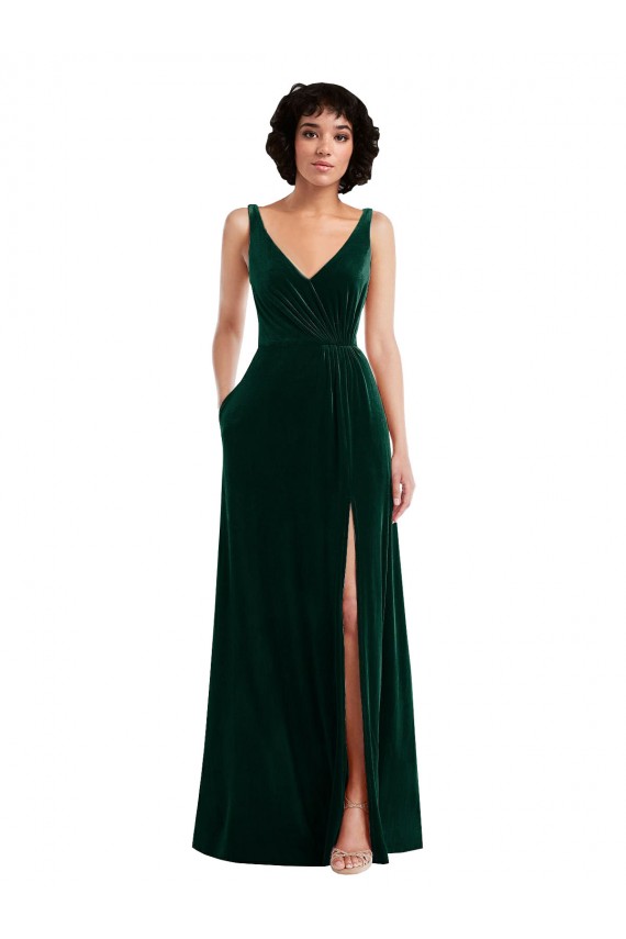 Sleeveless Dark Green V-Neck V-Back Stretch Velvet A-Line Bridesmaid Dress / Evening Dress Brisbane