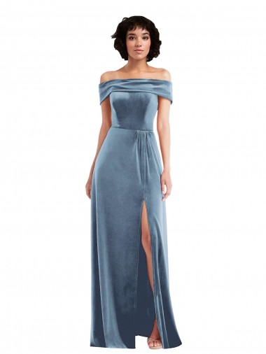 Sleeveless Dusty Blue Off the Shoulder Stretch Velvet A-Line Semi Formal Evening Dress / Prom Dress / Bridesmaid Dress Brisbane