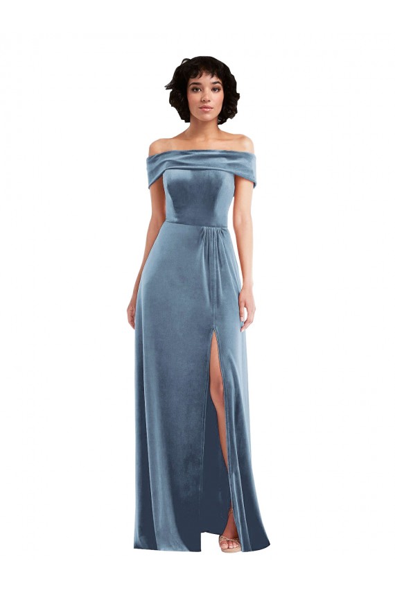 Sleeveless Dusty Blue Off the Shoulder Stretch Velvet A-Line Semi Formal Evening Dress / Prom Dress / Bridesmaid Dress Brisbane