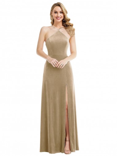 Sleeveless Halter Neck Open Back Stretch Velvet A-Line Semi Formal Evening Dress / Prom Dress / Bridesmaid Dress Brisbane