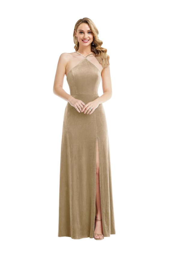 Sleeveless Halter Neck Open Back Stretch Velvet A-Line Semi Formal Evening Dress / Prom Dress / Bridesmaid Dress Brisbane