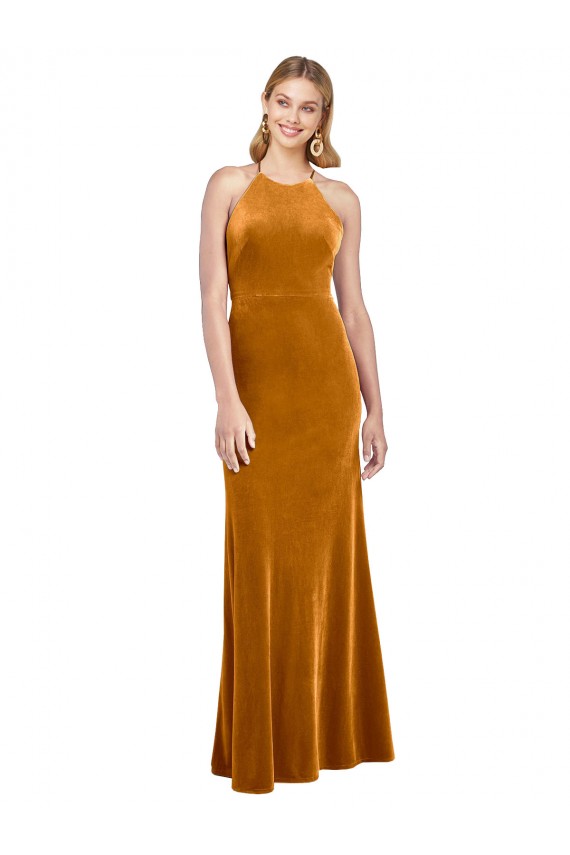 Sleeveless Halter Neck Criss Cross Open Back Stretch Velvet A-Line Formal Evening Gown / Prom Dress / Bridesmaid Dress Brisbane