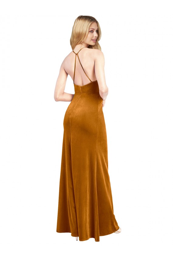 Sleeveless Halter Neck Criss Cross Open Back Stretch Velvet A-Line Formal Evening Gown / Prom Dress / Bridesmaid Dress Brisbane