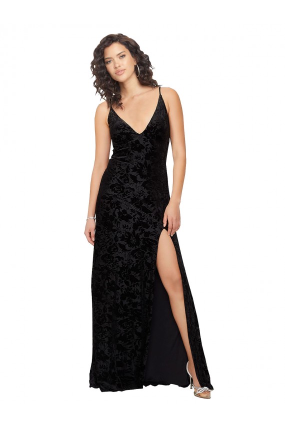 Sleeveless V-Neck Open Back Floral Velvet & Stretch Velvet Sheath Bridesmaid Dress Brisbane