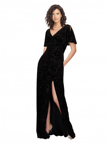 Short Split Sleeves V-Neck V-Back Floral Velvet & Stretch Velvet A-Line Bridesmaid Dress Brisbane
