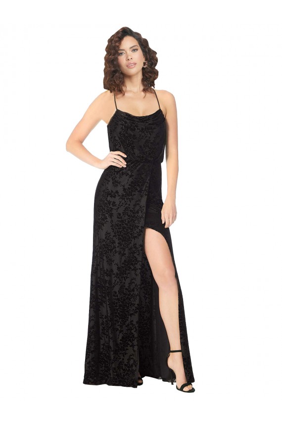 Sleeveless Spaghetti Straps Criss Cross Back Floral Velvet & Stretch Velvet A-Line Bridesmaid Dress Brisbane