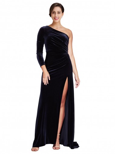 Long Sleeves One Shoulder Stretch Velvet A-Line Formal Evening Gown / Prom Dress / Bridesmaid Dress Brisbane