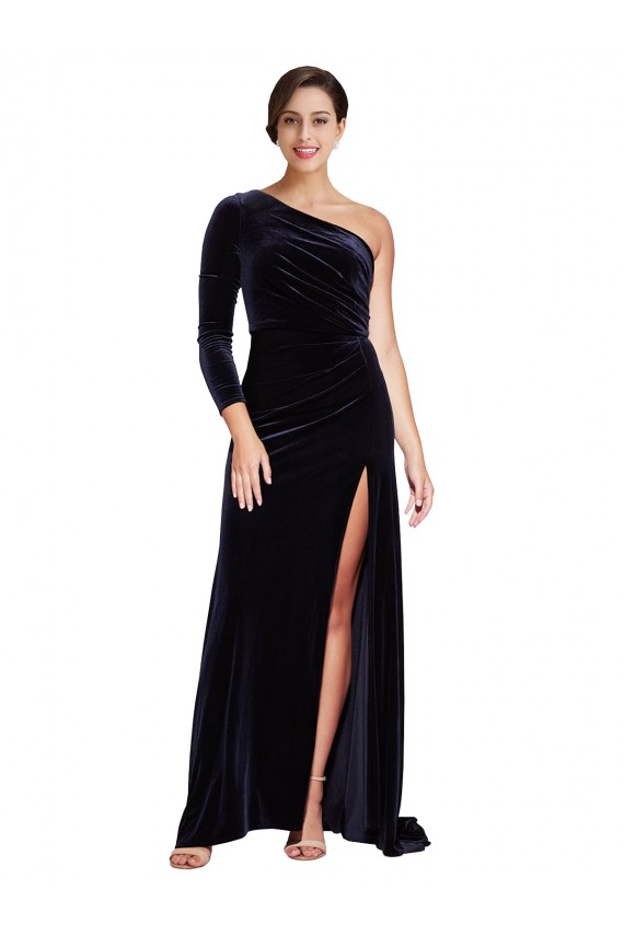 Long Sleeves One Shoulder Stretch Velvet A-Line Formal Evening Gown / Prom Dress / Bridesmaid Dress Brisbane