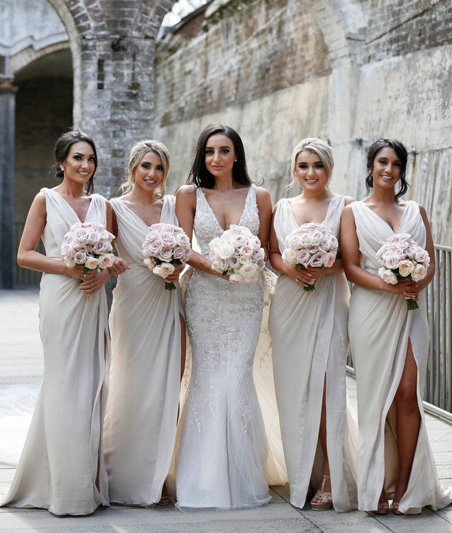 Full Length Luxe Chiffon Long Champagne bridesmaid dresses Brisbane with Sexy High Slit and Front Ruffles