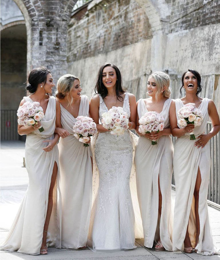 Full Length Luxe Chiffon Long Champagne bridesmaid dresses Brisbane with Sexy High Slit and Front Ruffles