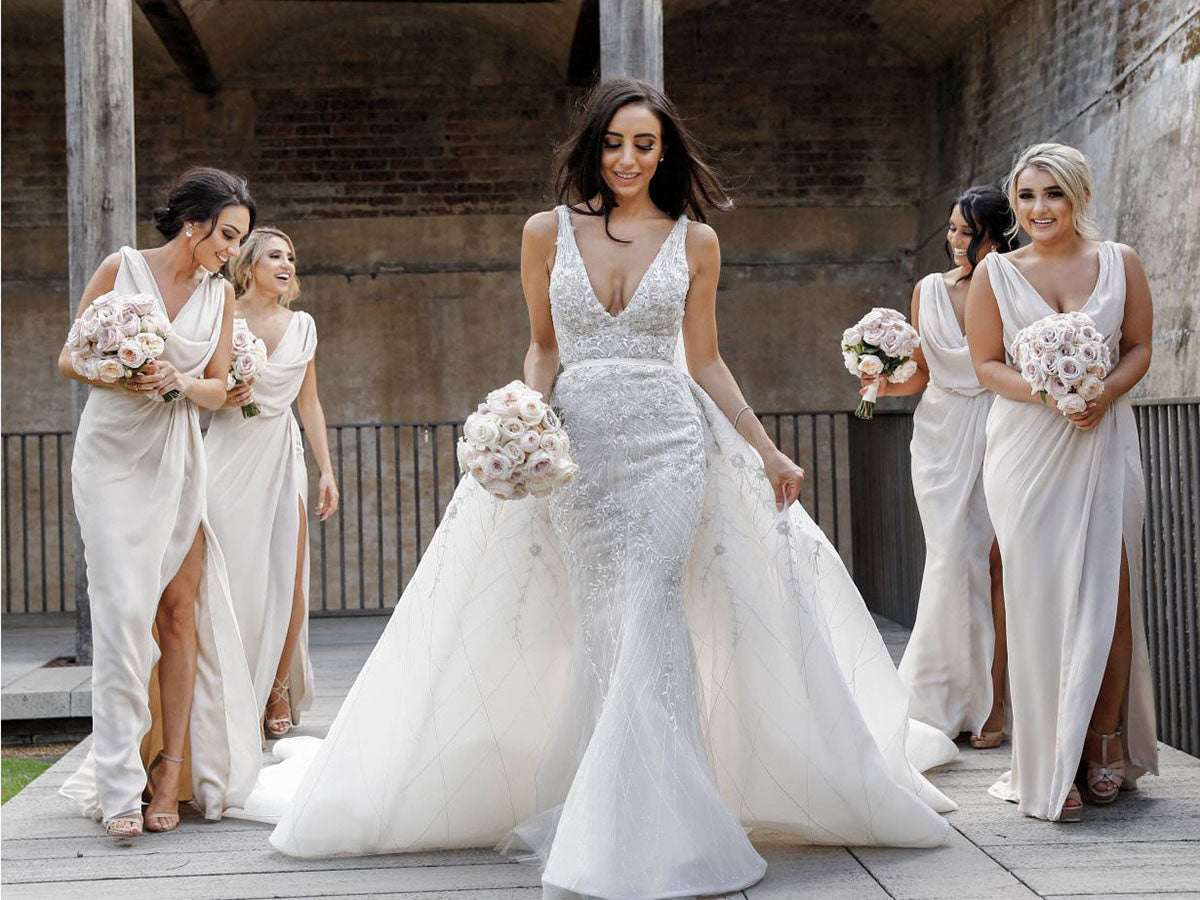 Full Length Luxe Chiffon Long Champagne bridesmaid dresses Brisbane with Sexy High Slit and Front Ruffles