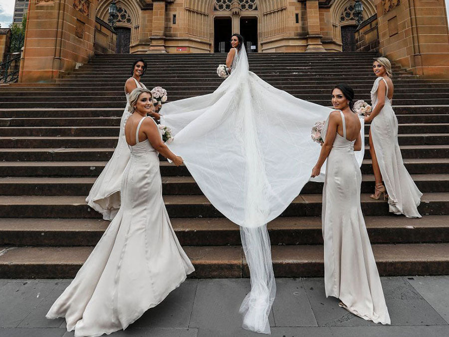 Full Length Luxe Chiffon Long Champagne bridesmaid dresses Brisbane with Sexy High Slit and Front Ruffles
