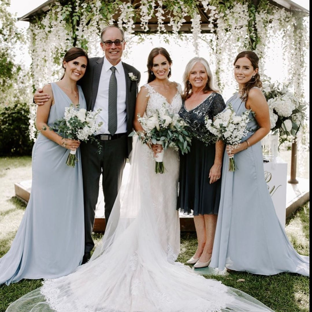 Dusty Blue Full Length Luxe Chiffon Long Champagne bridesmaid dresses Brisbane with Sexy High Slit and Front Ruffles