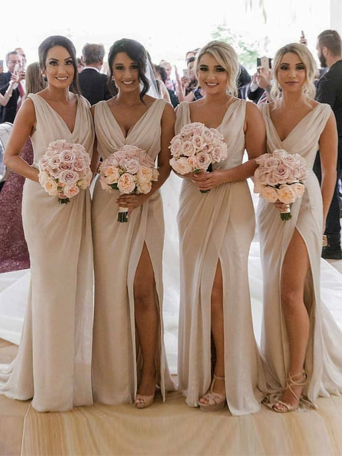 Champagne Full Length Luxe Chiffon Long Champagne bridesmaid dresses Brisbane with Sexy High Slit and Front Ruffles